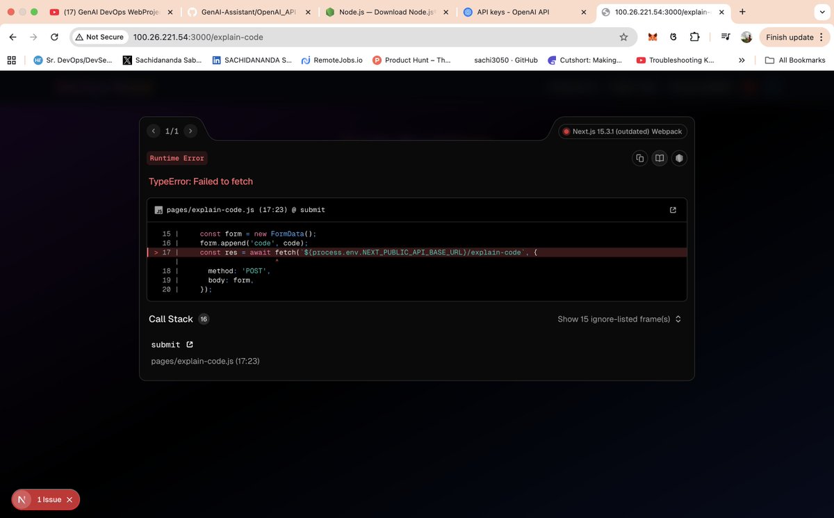Snsbr2004Sabar's tweet photo. 🚀 Building a GenAI Project with Node.js and Python — DevOps Project (Learning in Public)
(Everything Worked—Except the AI Part 😅)
How a Node.js App Talks to AI: Frontend → Backend → API

I’ve been working on a GenAI-based Node.js application that acts as a personal AI assistant for developers 🤖💻

🧩 Project Architecture
The application is divided into 3 clear layers:
    1) Frontend (Node.js) – User interacts with the AI
    2) Backend (Python) – Handles logic, request flow, and orchestration
    3) API Layer – Powered using OpenAI API key

📌 Request flow:
User → Frontend → Backend → OpenAI API → Backend → Frontend → User

✨ What the App Does
    i) Assists with tech-related problems
    ii) Explains code and concepts
    iii) Helps with troubleshooting
    iv) Supports interview preparation
    v) Acts as a daily AI assistant for developers

🛠️ Current Status (Real Talk)
I implemented everything step by step by following a tutorial.
     ✅ Frontend is working
     ✅ Backend is working
     ⚠️ The challenge is with API key integration with the backend

At this stage, I believe the issue lies in how the AI-assisted API key is being handled or configured.

It’s not a failure — it’s a clarity gap, and that’s part of building real projects.

Same Result Happened in both the cases of running in Local as well as Dockerizing this application. For more Detailed explanations : https://t.co/TBg6Vl2NYs

GitHub_Repo : https://t.co/2cNeM0Mb3w
 
🔍 What’s Next
    a) Deep-diving into the source code
    b) Understanding OpenAI API key handling in detail
    c) Fixing the root cause and shipping the working version

I didn’t give up.
I’ll be back with the successful update soon 🚀

Always open to feedback, suggestions, and discussions.

Thanking you for your valuable time, See you soon 🤝...

#LearningInPublic #GenAI #NodeJS #OpenAI #AIEngineering #BackendDevelopment #FullStack #DevOpsMindset