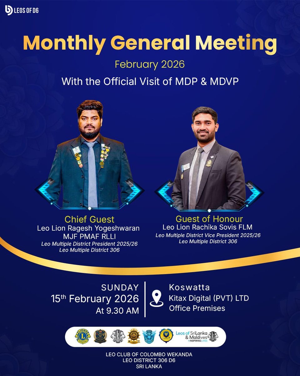 LeoWekanda's tweet photo. The Leo Club of Colombo Wekanda warmly invites all members to attend the Monthly General Meeting for the month of February, with the official visit of the Multiple District President (MDP) and Multiple District Vice President (MDVP). https://t.co/MqFGGUghXh