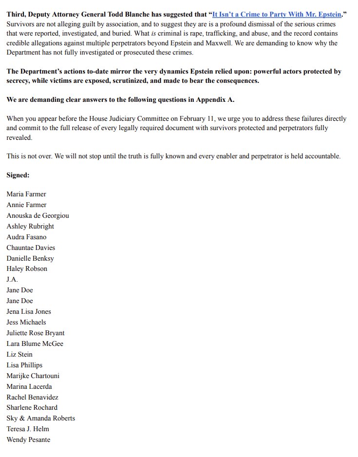 ALERT:   In new statement, Epstein survivors say partial release of Epstein files "remains incomplete in a way that is both staggering &amp; indefensible" 

"The redactions &amp; disclosures in this release are reckless &amp; dangerous"

Some will attend House hearing w/ Pam Bondi tomorrow