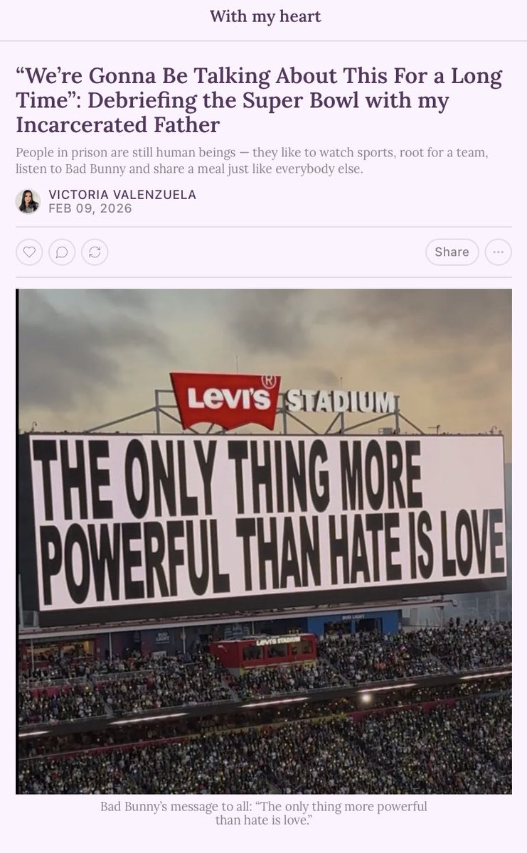 Victoriaevalenz's tweet photo. My latest Substack post: People in prison are still human beings — they like to watch sports, root for a team, listen to Bad Bunny and share a meal just like everybody else.

https://t.co/COeru0H5OD https://t.co/7Pf8AQW9v0