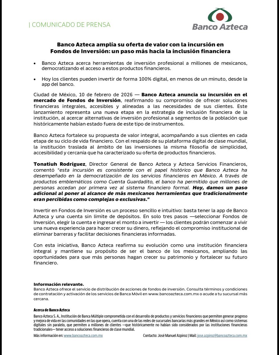 AliciaSalgadoMX's tweet photo. -@BancoAzteca  incursiona en Fondos de Inversión, ampliando su oferta de valor y reforzando su compromiso con la inclusión financiera. 

“Ahora, millones de mexicanos pueden invertir de forma 100% digital, sencilla y en menos de un minuto desde la app del banco, acercando herramientas de inversión profesional a más personas…”