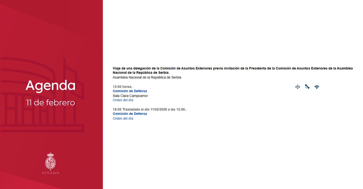 Senadoesp's tweet image. 👉 Agenda del #Senado para mañana #11Febrero:
 
➡️ Comisión de #Defensa
🕚 12h

📄 senado.es/web/actividadp…