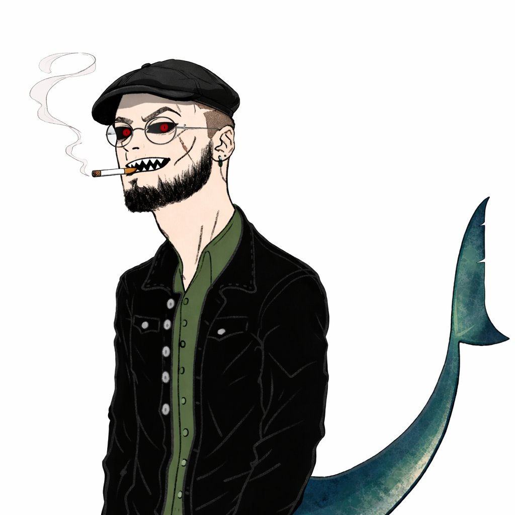 Je parle souvent de Monsieur Bubun en live. Il passera parfois jouer avec moi, mais il refuse que je dépense le moindre centime pour lui faire un avatar 😭 Du coup j’ai utilisé Picrew + un peu d’IA pour ajouter des détails.
Voilà donc l’homme-requin qui partage ma vie 🦈❤️