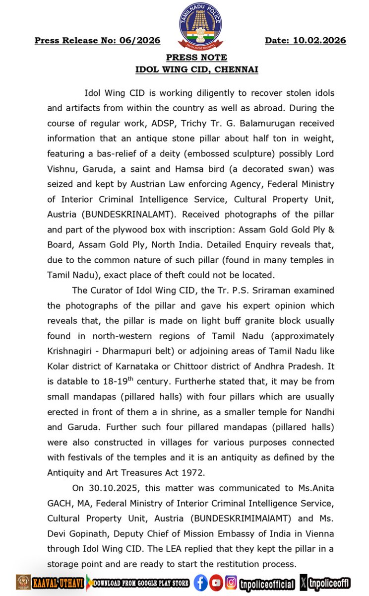 tnpoliceoffl's tweet photo. Press Note from the Idol Wing CID regarding legal action taken to bring an ancient stone pillar back to India from Austria.
https://t.co/u3ZZkxEDFv
#PressNote #IdolWingCID #Austria #LegalAction #StonePillar #TamilNaduPolice #TNPolice https://t.co/3hp3m61YQi