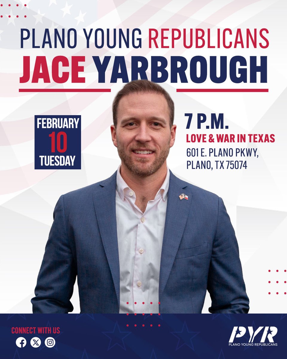 We will see you at love and war in Texas as we host <a href="/JaceYarbrough/">Jace Yarbrough</a> tonight at 7:00! Jace is a trump endorsed patriot for CD32, don’t miss it! <a href="/YRsOfTexas/">Young Republicans of Texas</a> <a href="/CollinGOP/">Collin County GOP</a> <a href="/DallasYR/">Dallas Young Republicans</a> <a href="/RockwallYRs/">Rockwall County Young Republicans</a> <a href="/denton_yrs/">Denton Young Republicans</a>