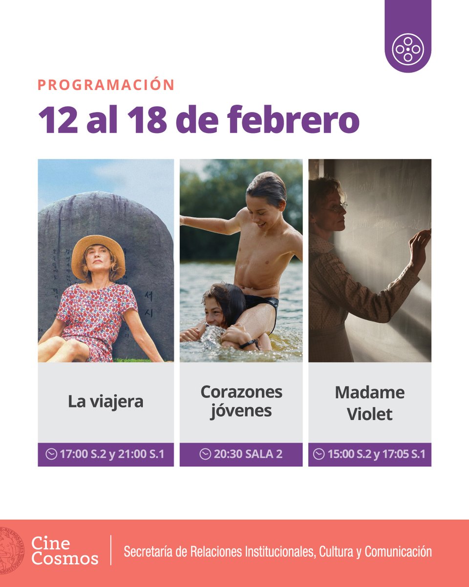 🗓️ ¡Agendá la  #CarteleraCosmosUBA! – del 12 al 18 de febrero!

📍 Av. Corrientes 2046 
🎟️ Entradas en boletería el mismo día de la función
🎬 ¡Vení al #CosmosUBA! 

📲Mirá toda la info en cinecosmos.uba.ar