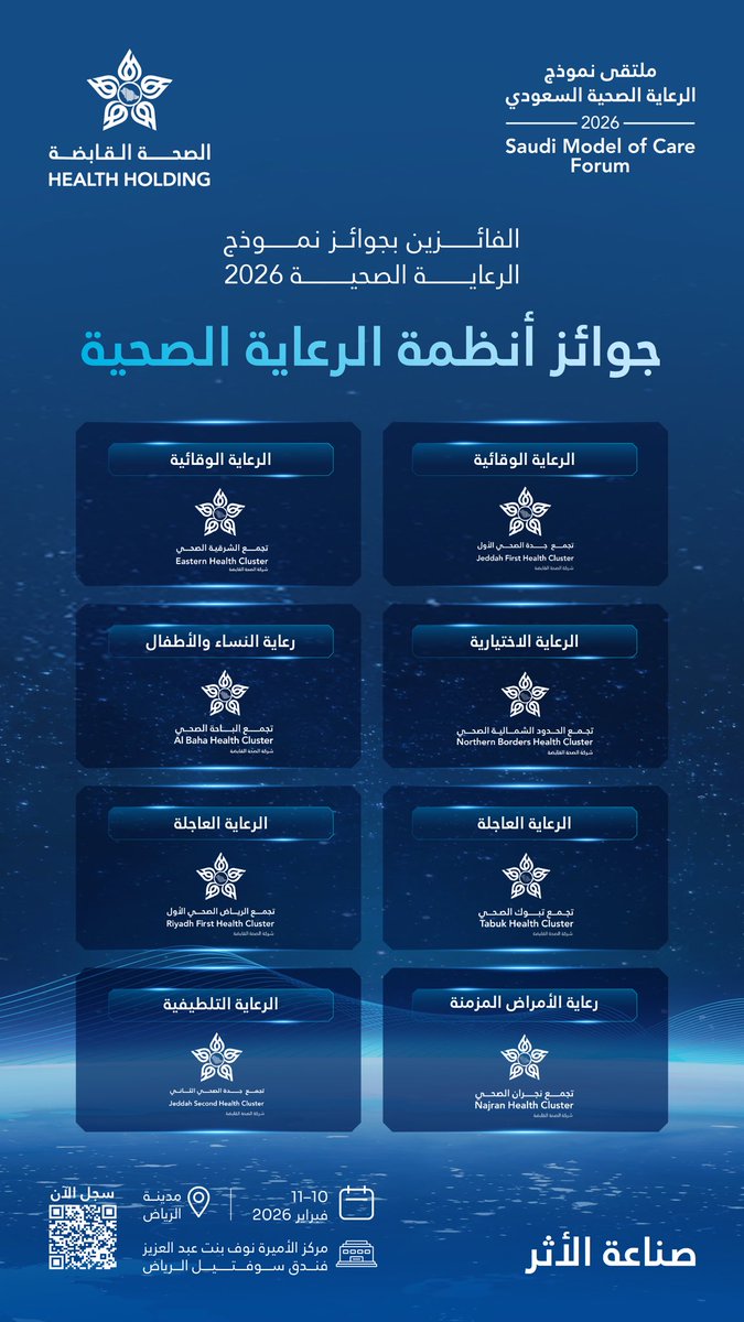 HealthCo_sa's tweet photo. حين ترتقي الأنظمة بجودة الرعاية؛ 
جوائز أنظمة الرعاية الصحية للتجمعات الصحية ضمن #ملتقى_نموذج_الرعاية_الصحية_السعودي 2026 #صناعة_الأثر

 #الصحة_القابضة https://t.co/aNwGvEMEp6