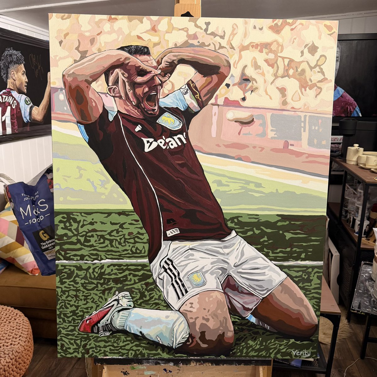 ⸻

Painting Description

This piece captures a split second of pure emotional release — the moment where pressure, noise, expectation and adrenaline collide.

I wanted to focus not just on likeness, but on the psychological weight of elite performance. The hands, the tension