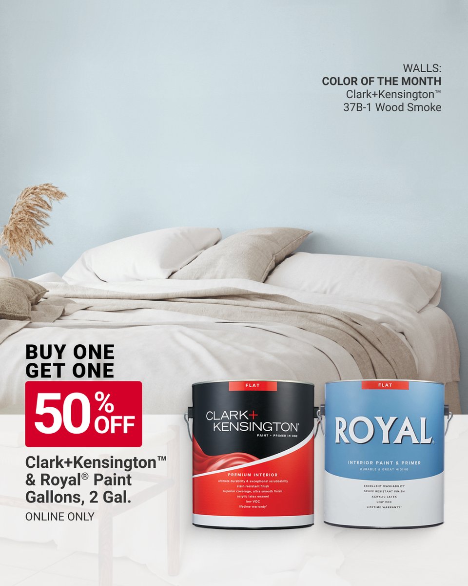 AceWilliston's tweet photo. Now is a great time to start your next paint project with Buy One Gallon, Get One Gallon 50% OFF SAVINGS on select Clark+Kensington and Royal interior or exterior paint gallons. See our store for details. Offer valid at participating locations 2/1–2/28.... https://t.co/gI739UgSmM https://t.co/TPX9U9VEBw