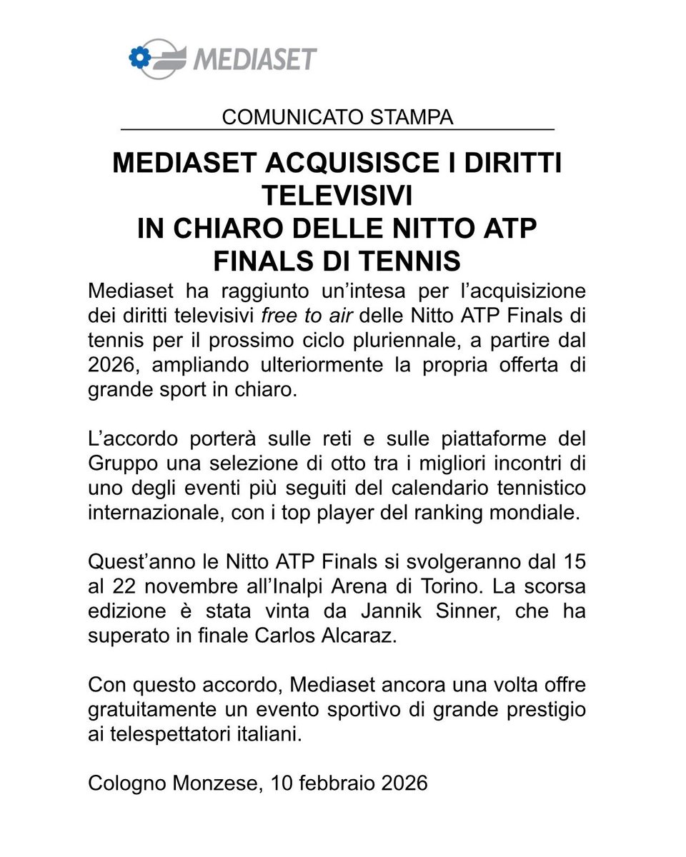 Mediaset acquisisce i diritti televisivi in chiaro delle Nitto ATP Finals di tennis!