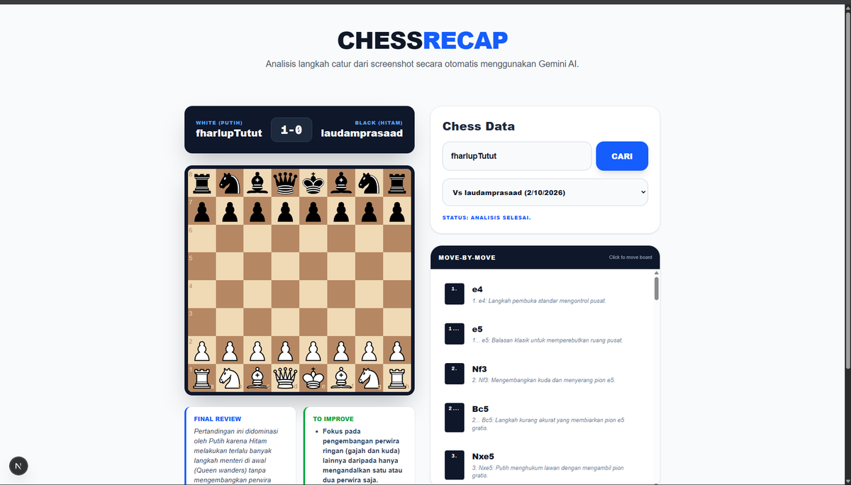 fharlup's tweet photo. jadi ku buat web app yang konek ke chess dot com dan nge analyze game nya pake stocfich terus buat ngitung apakah itu good move atau  nga dan dikasih komen  pakai gemini https://t.co/IhgqaP55uI