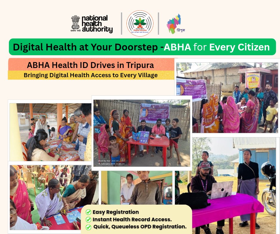 ABHA services reaching the last mile—on-spot Health ID creation and awareness in rural Tripura.
Digital health access for every citizen.

From Village to Hospital—Your Health Records in One Click

#ABHA #ABDM #abdmtripura #ayushmannha #digitalhealth