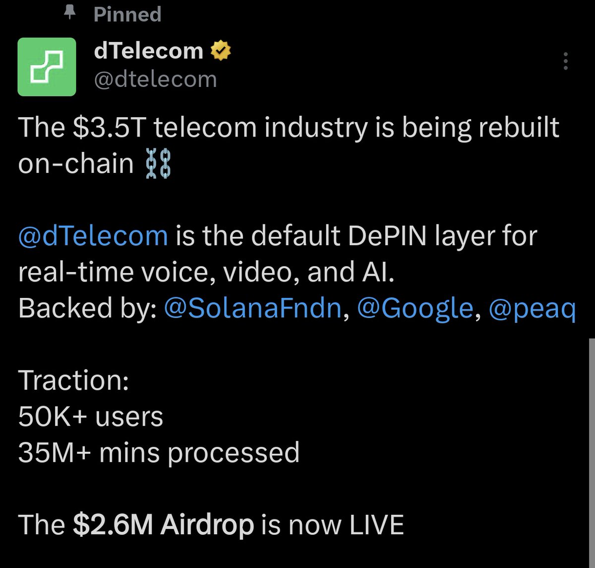🎁 <a href="/dtelecom/">dTelecom</a> Airdrop  
💰 Total Reward Pool: $2.6M  
🎉 Open for All Users  

👉 Sign up here:  
tinyurl.com/dtelecomm  

📌 Steps to Participate:  
• Connect new Solana wallet  
• Bind your X (Twitter) account  
• Complete all tasks  
• Done ✅