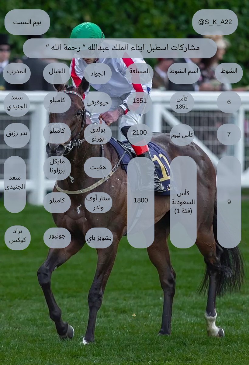 مشاركات اسطبل أبناء الملك عبدالله رحمه الله للأسبوع الختامي أمُسية وكأس السعودية نسأل الله التوفيق 🐎🤍🤍.

 #اسطبل_ابناء_الملك_عبدالله 
#الاسطبل_الابيض