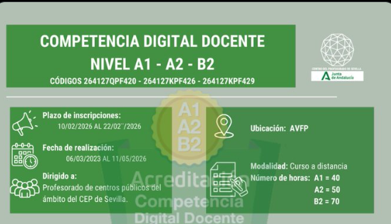 CEPdeSevilla's tweet photo. 📢Abierta inscripción de los cursos de COMPETENCIA DIGITAL DOCENTE NIVEL A1, A2 y B2 hasta el 22 de febrero.    📷Comienzan el 6/3  Info e inscripción 📷https://t.co/OJwkqEqzSD: https://t.co/LqE3mMtXze: https://t.co/Lo4bpUcYRd

@CEPdeSevilla

@FormacProfAnd https://t.co/To4jclJMdU