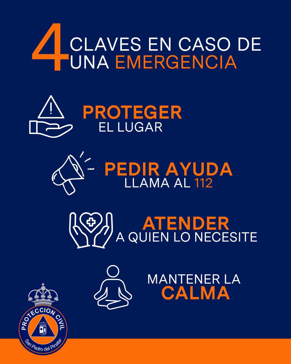 🚨 ¿Sabes cómo actuar en caso de una emergencia? 🚨

Recuerda estas 4 claves fundamentales:

🛡️ Proteger el lugar del incidente
📞 Pedir ayuda llamando al 112
❤️ Atender a quien lo necesite
🧘 Mantener la calma

#ProtecciónCivil #Emergencias #Prevención #112 #SanPedroDelPinatar