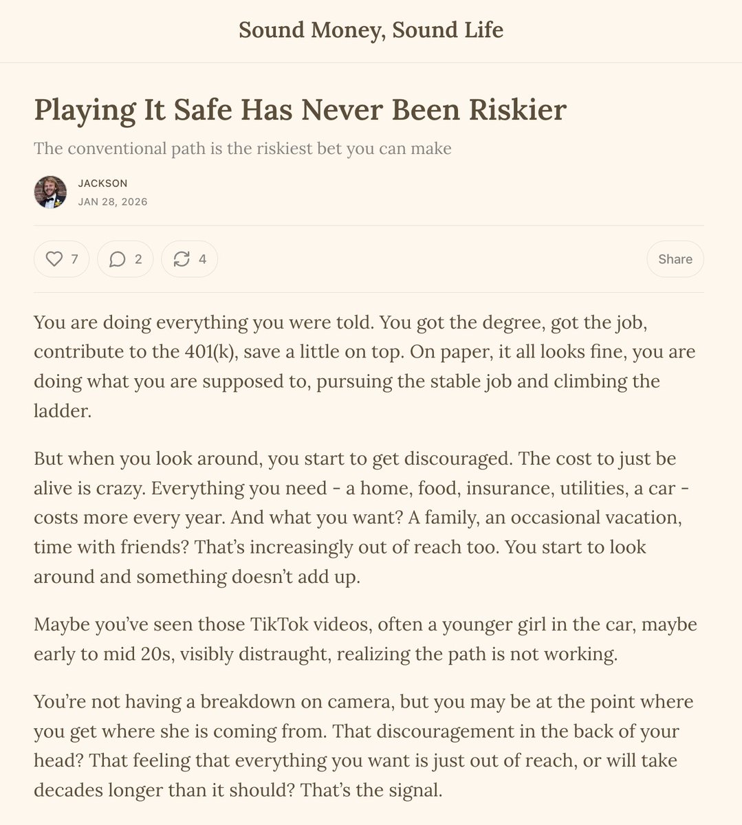 macrojack21's tweet photo. @AviFelman exactly, that's the opportunity 

i wrote about why playing it safe has never been riskier

doing what parents &amp; grandparents did, the stable career path, the SPY, bonds, etc are cooked

https://t.co/jSA8Lj7Zrr https://t.co/BZdUmHTIN9