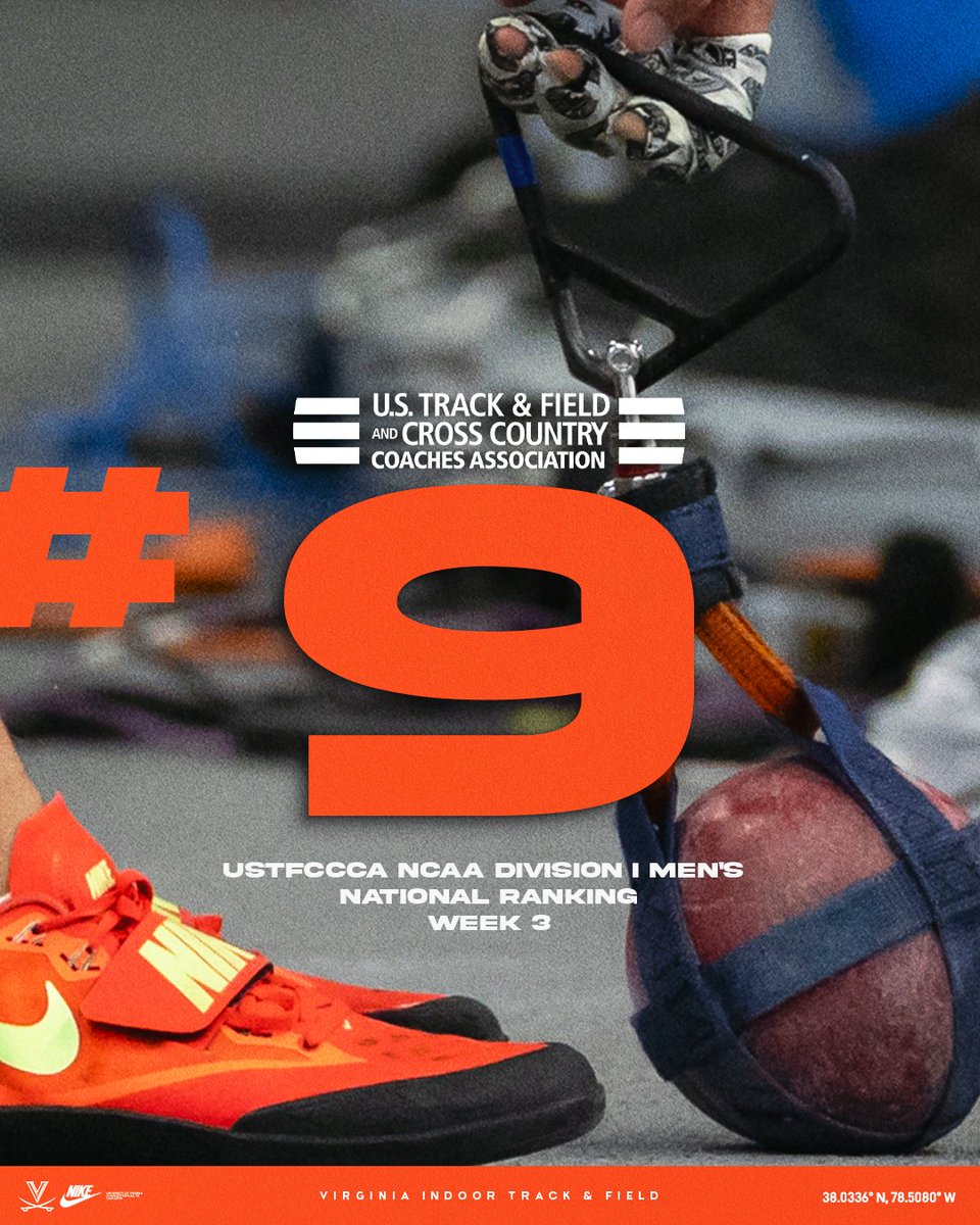 UVATFCC's tweet photo. Moving on up 📈

The Virginia men check in at No.9⃣ in week 3 of the
@USTFCCCA indoor rankings!

#GoHoos https://t.co/S8rg3voGWb