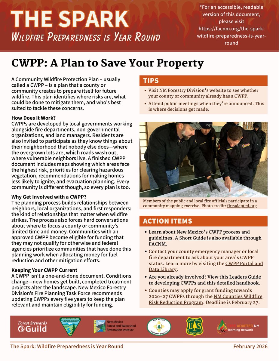 Preparing for wildfire takes a village.

In this month’s The Spark, dive into Community Wildfire Protection Plans, your area's resource to identify risks and plan action steps.

🔥 Get the Spark: facnm.org

Thanks to partners <a href="/forestguild/">ForestStewardsGuild</a>, <a href="/NMFWRI/">NM Forest and Watershed Restoration Institute</a> and <a href="/BLMNewMexico/">Bureau of Land Management New Mexico</a>!