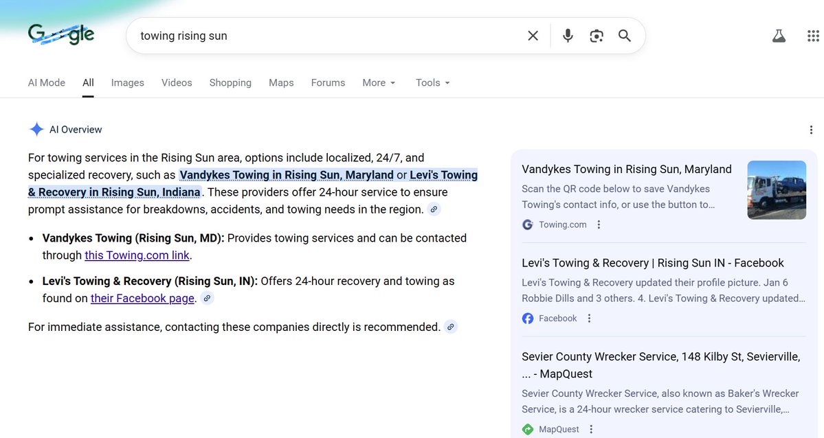 Get your towing company in AI: Google AI Overview credits Towing.com for recommendations