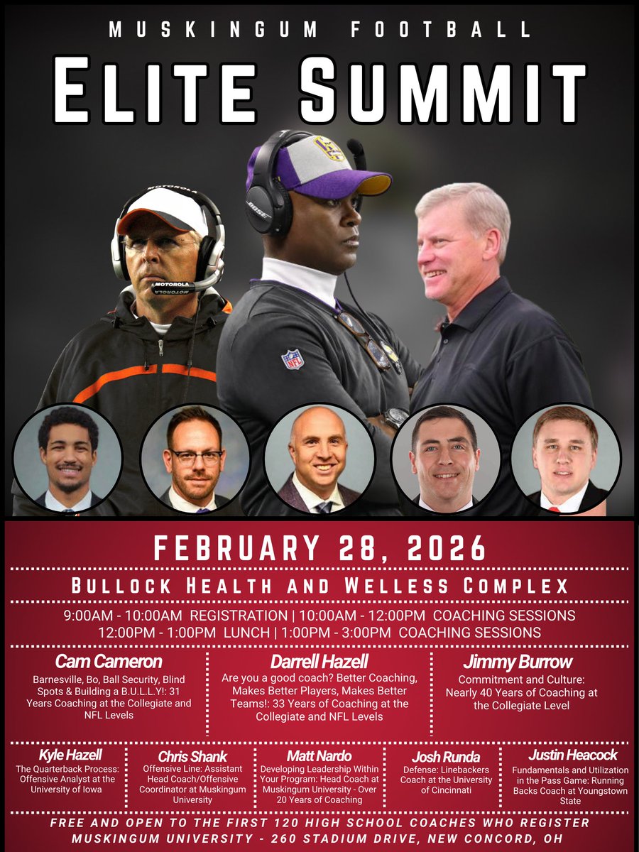 FightingMuskies's tweet image. 🚨 Attention High School Football Coaches!
Mark your calendar for the Muskingum Football Elite Summit on Saturday, February 28, 2026 — a premier coaching clinic featuring an outstanding lineup of speakers with decades of collegiate and NFL experience. 
✅ FREE Registration
⚠️…