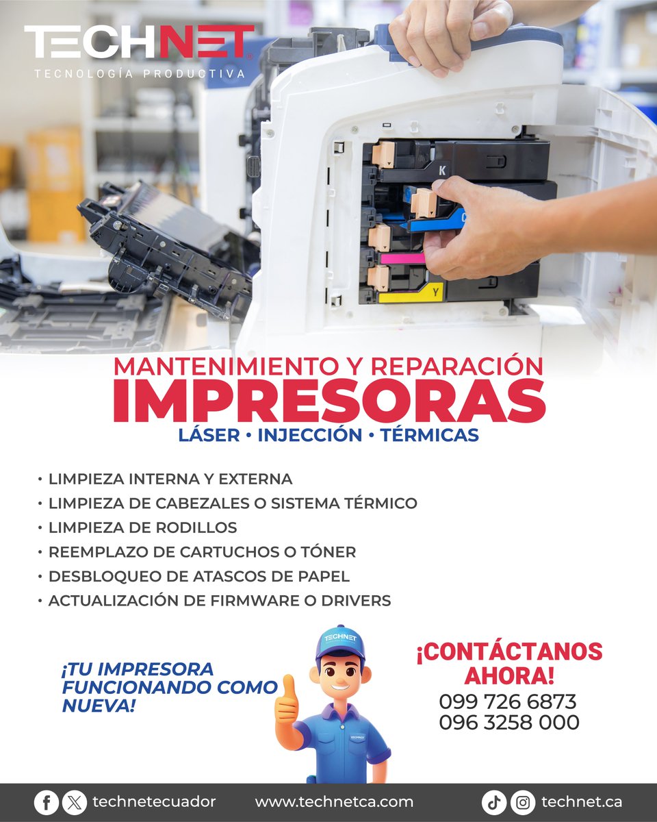 TechNetEcuador's tweet photo. Evita fallas y alarga la vida útil de tu impresora con un mantenimiento profesional.

En TECHNET ofrecemos servicio técnico para impresoras:
• Láser
• Inyección de tinta
• Térmicas

¡Contáctanos y deja tu impresora como nueva!
📲0997266873 - 0963258000 https://t.co/WtXzSoza9e