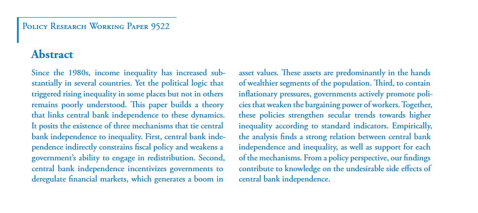 A propósito de la discusión, este paper publicado por el Banco Mundial encontró que la independencia de los bancos centrales está conectada con un aumento en la desigualdad.
Otra razón más para que los trabajadores participen en las decisiones de la banca central.