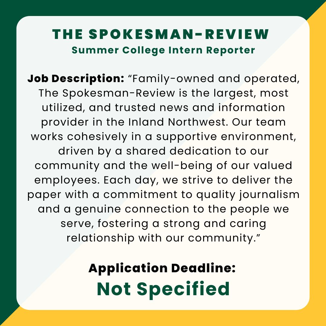 🚨 Internship Alert: The Spokesman-Review Summer College Intern Reporter

"Start date: Flexible, but usually between May 19 and June 23"

Pay: $18 / hour

Link: cowlesco.vistahrms.com/application/lo…