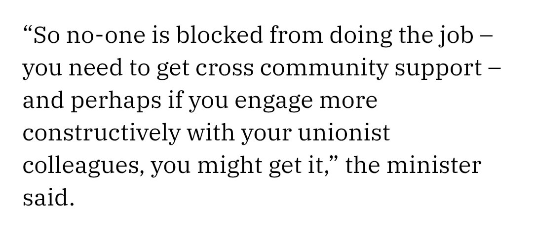 If you happen to believe in a new Ireland and designate as nationalist accordingly you are prevented from being Justice Minister in NI.

That is the indefensible status quo but the current Justice Minister, so wont to call out others, arrogantly dismissed the question earlier.