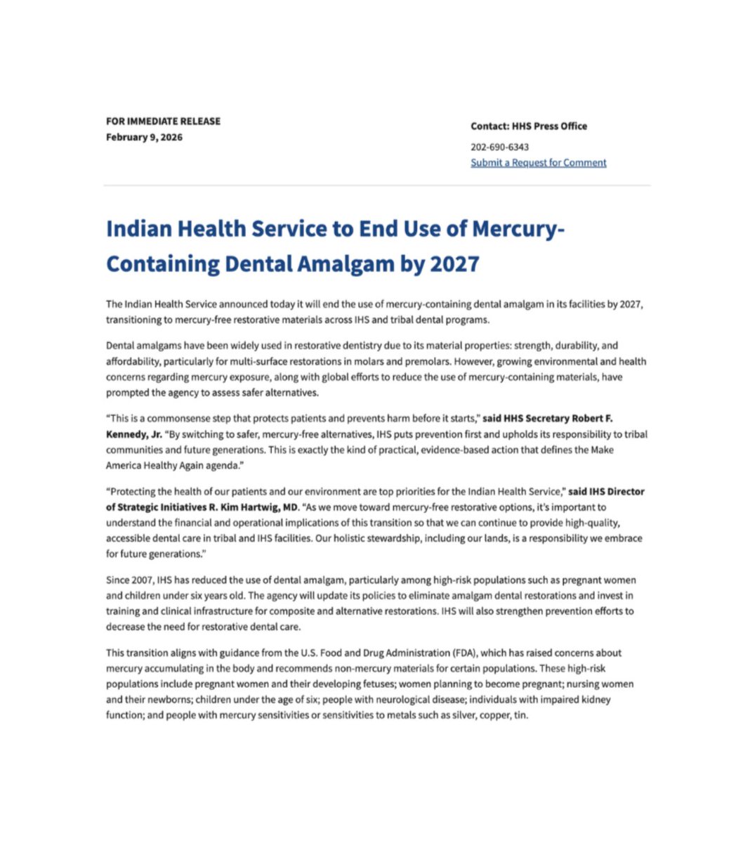 realPatrickJr's tweet photo. HUGE NEWS: I've been on the board of https://t.co/iBOSGAxP2w for 19 years.

Our mission was to ban mercury amalgams (i.e., silver fillings) in the USA.

It seems like we finally did it!

For over 150 years, dentists have been putting a known neurotoxin into people's mouths while calling them "silver fillings."

The truth is, they aren't actually silver.

These fillings are 50% elemental mercury. After a 19-year campaign led by https://t.co/iBOSGAxP2w, the US government has changed its stance. The use of mercury amalgams is coming to an end.

Mercury is one of the most poisonous substances on Earth that isn't radioactive.

We use hazmat protocols to clean it up if a thermometer breaks on a floor, but we have allowed it to sit right next to the human brain for decades. Every time you chew or drink a hot coffee, these fillings release vapors. The FDA has acknowledged that this mercury builds up in the brain and kidneys over time.

The Indian Health Service (IHS) recently announced it will ban mercury amalgams entirely by 2027.

HHS Secretary RFK Jr. described the move as a common sense step. This change aligns with the broader Make America Healthy Again (MAHA) goals, which focus on avoiding cheap, toxic materials in favor of safer alternatives.

The problem also extends past individual health.

When these fillings are removed or when bodies are cremated, the mercury gets into the water and soil. By switching to modern, mercury-free composites, the IHS is protecting tribal lands from this environmental contamination.

The medical field is finally moving toward a standard of care that doesn't sacrifice neurological health for a cheap dental repair.

It took 20 years of public pressure, but the science is finally winning out over old habits.