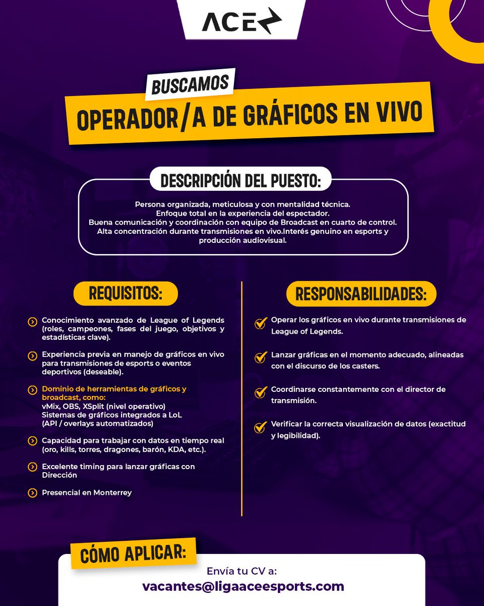 En ACE abrimos #vacante para Operador/a de Gráficos en Vivo en transmisiones de #LeagueofLegends.

Si te apasiona el #broadcast, los datos y el ritmo del directo, queremos conocerte.
📩 Envía tu CV a vacantes@ligaaceesports.com
📍 Presencial en #Monterrey