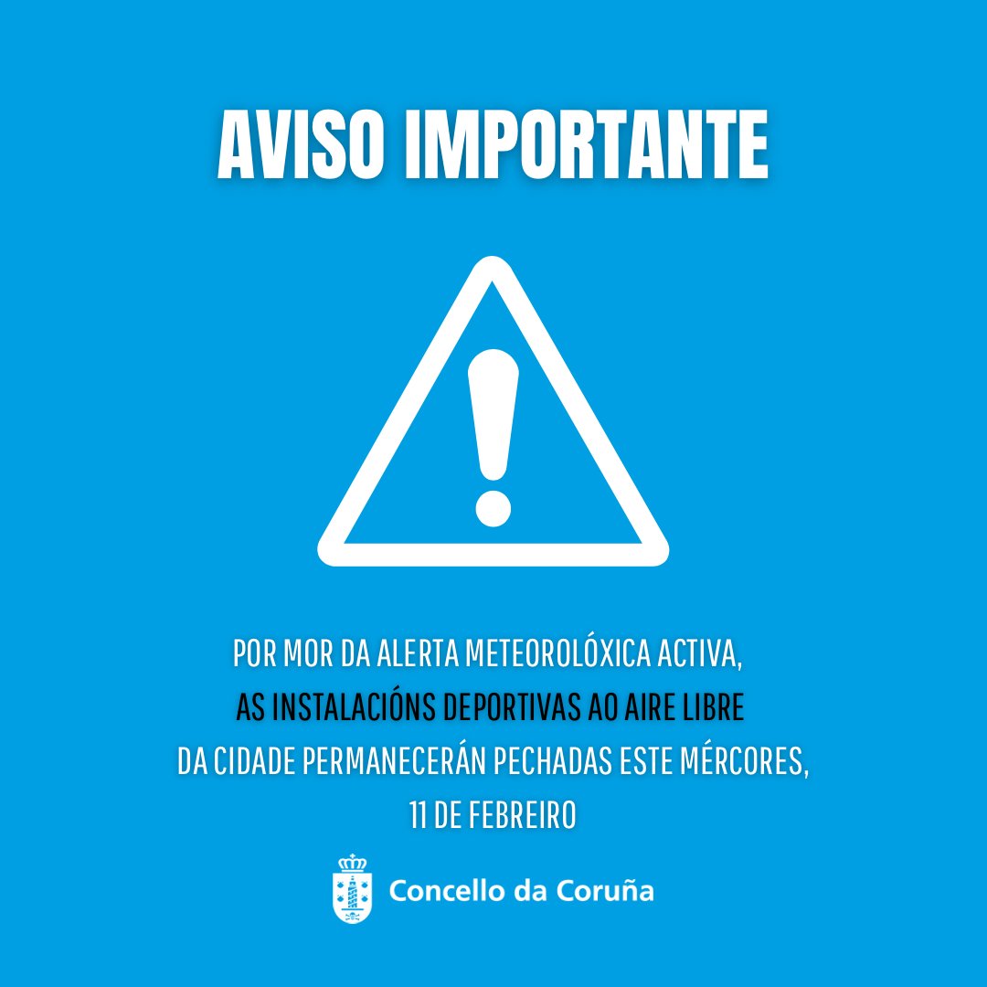 AVISO | Este mércores, debido á alerta laranxa por vento, as instalacións deportivas ao aire libre permanecerán pechadas durante toda a xornada 

Prégase extremar as precaucións e seguir as indicacións dos equipos de emerxencias