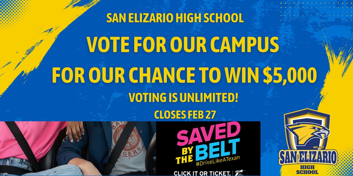 SanElizarioHS's tweet photo. Eagles, let’s come together!
Support San Elizario High School in the Saved by the Belt Challenge and help us compete for $5,000. 🗳️ Voting is UNLIMITED through Feb. 27 every vote boosts our chances!
🔗 https://t.co/P3PZbSYpfO
 @TroyEnriquezSE @SanElizarioISD @jmezachavez https://t.co/BC0Uh2X3uY