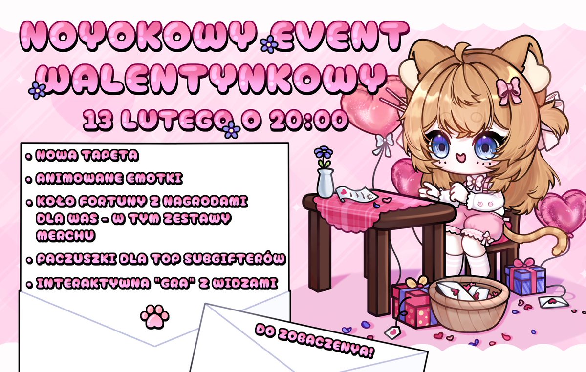 ✦ EVENT WALENTYNKOWY ✦ 🩷

Zapraszam was wszystkich cieplutko na walentynkowe rendez-vous z kociastkiem! ◕⩊◕

Zabierzcie ze sobą dobre humorki i widzimy się już w ten piątek, 13 lutego ▸ o godzinie 20:00!

Do zobaczenya!
Chibi: hn1a_
#PLVtuber
