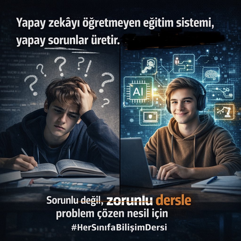 yascan's tweet photo. Yapay zekâyı öğretmeyen eğitim sistemi, yapay sorunlar üretir. Sorunlu değil, zorunlu dersle problem çözen nesil için #HerSınıfaBilişimDersi #Maarif https://t.co/2T83LVPipt