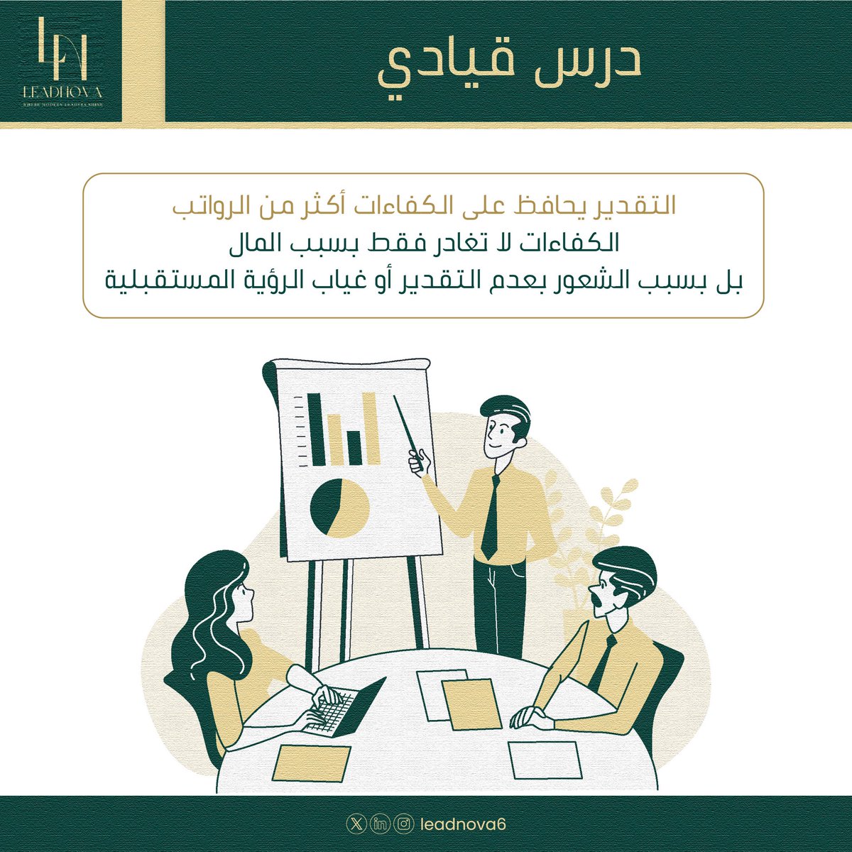 leadnova6's tweet photo. الكفاءات لا تبحث فقط عن دخل أعلى 💰
بل عن بيئة تُقدّر الجهد 
وتعترف بالإنجاز 🏆
وتمنح رؤية واضحة للمستقبل 

التقدير ليس تكلفة إضافية،
بل استثمار يحافظ على العقول ويصنع الاستقرار💡

#القيادة_الحديثة #التطوير_القيادي #اتخاذ_القرار  #تمكين_القيادات #الموارد_البشرية https://t.co/rPmvpLoRH4