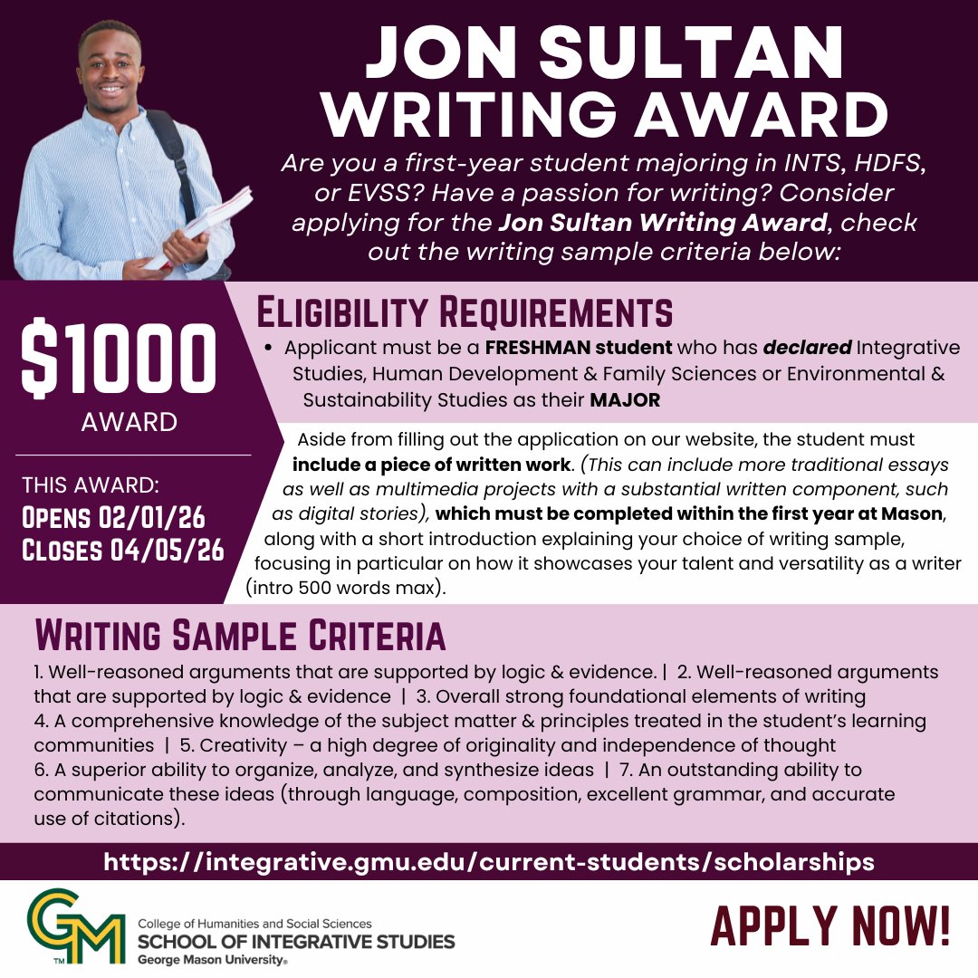 SIS_Mason's tweet image. Are you a declared freshman majoring in INTS, EVSS or HDFS? Love to write? Apply for the 𝐒𝐮𝐥𝐭𝐚𝐧 𝐖𝐫𝐢𝐭𝐢𝐧𝐠 𝐀𝐰𝐚𝐫𝐝 today! integrative.gmu.edu/current-studen… 
#INTS #EVSS #HDFS #SISscholarship #Masonscholarship #freshmanscholarship #firstyearcollegestudent  #writingscholarship