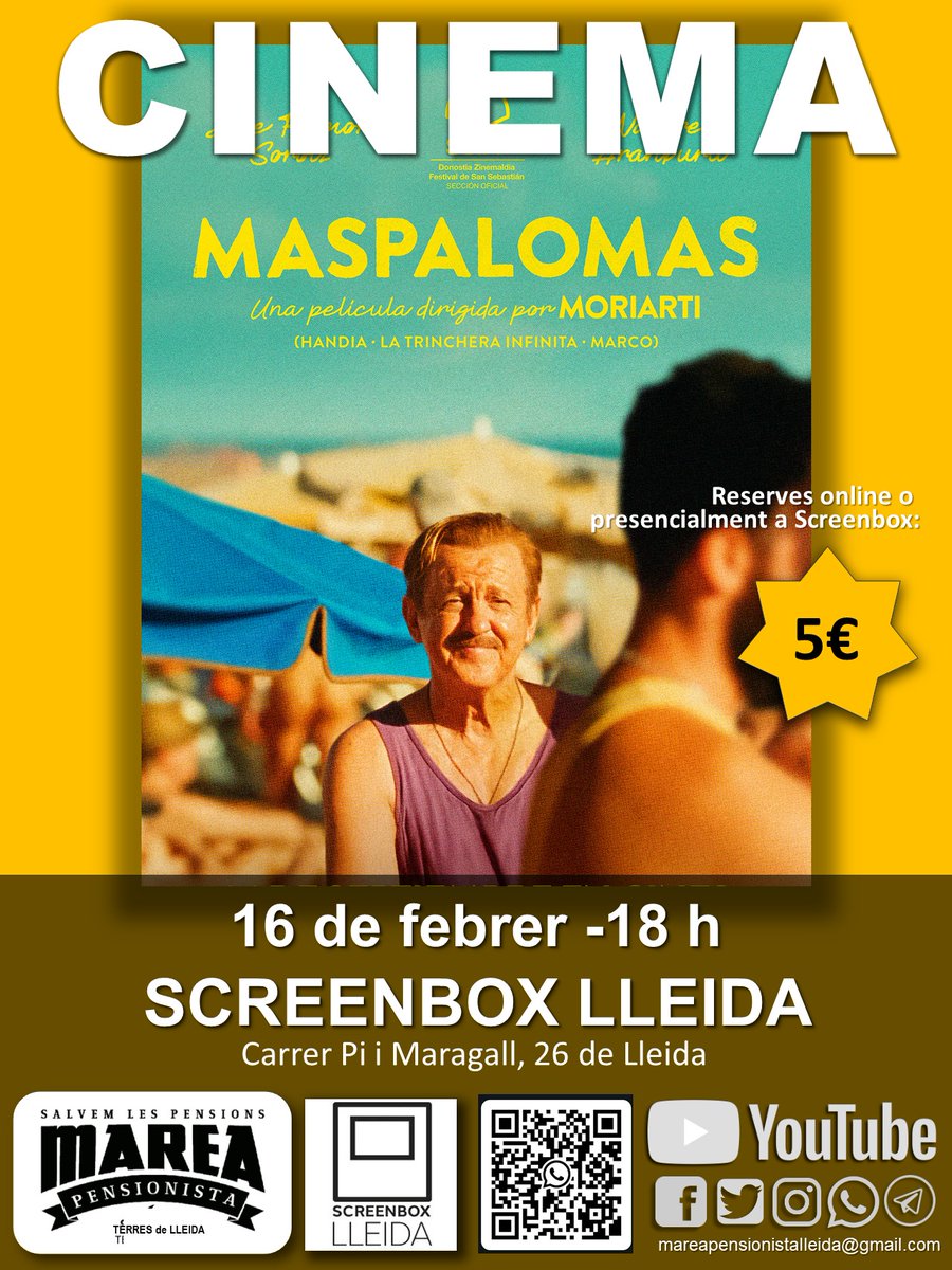 🎬 Segona pel·lícula del cicle: "Maspalomas".
Una crítica valenta a les residències i al sistema que infantilitza i dessexualitza la gent gran.

🎟️ Entrades a Screenbox (Pi i Margall, 26)
Presencial, online o WhatsApp: 630 74 39 81
No us quedeu sense!

screenbox.cat