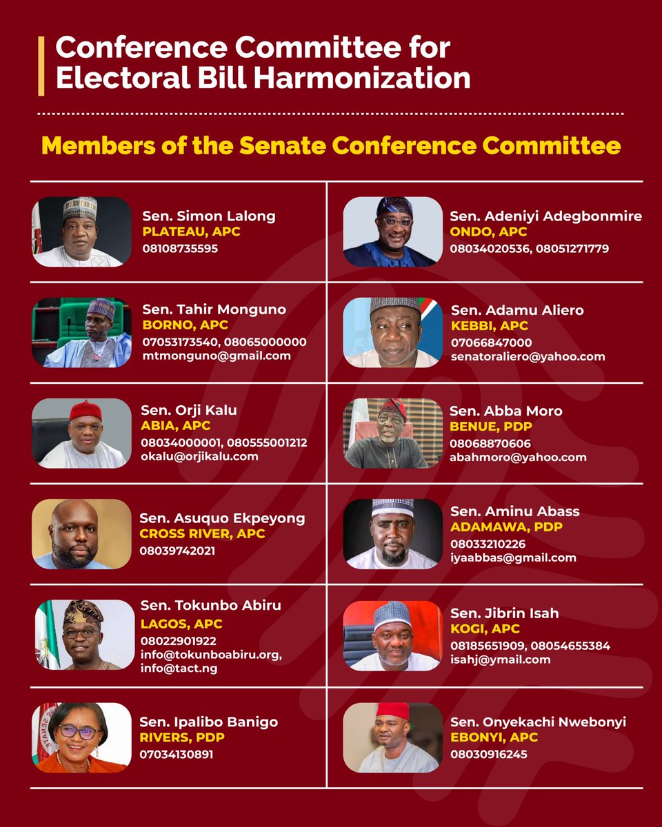 Updated list and contact details for members of the Senate conference committee. Time to reach out to request that they adopt the <a href="/HouseNGR/">Nigeria House of Representatives</a> position on mandatory electronic transmission of results.