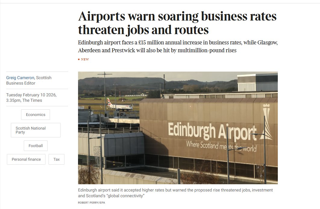The SNP have just slapped a 300% business-rates bomb on Scotland’s airports.

£15m extra for Edinburgh Airport alone.

Routes axed. Jobs gone. Investment dead.

All fully devolved. All on the SNP’s watch.

This isn’t incompetence — it’s ideological sabotage.