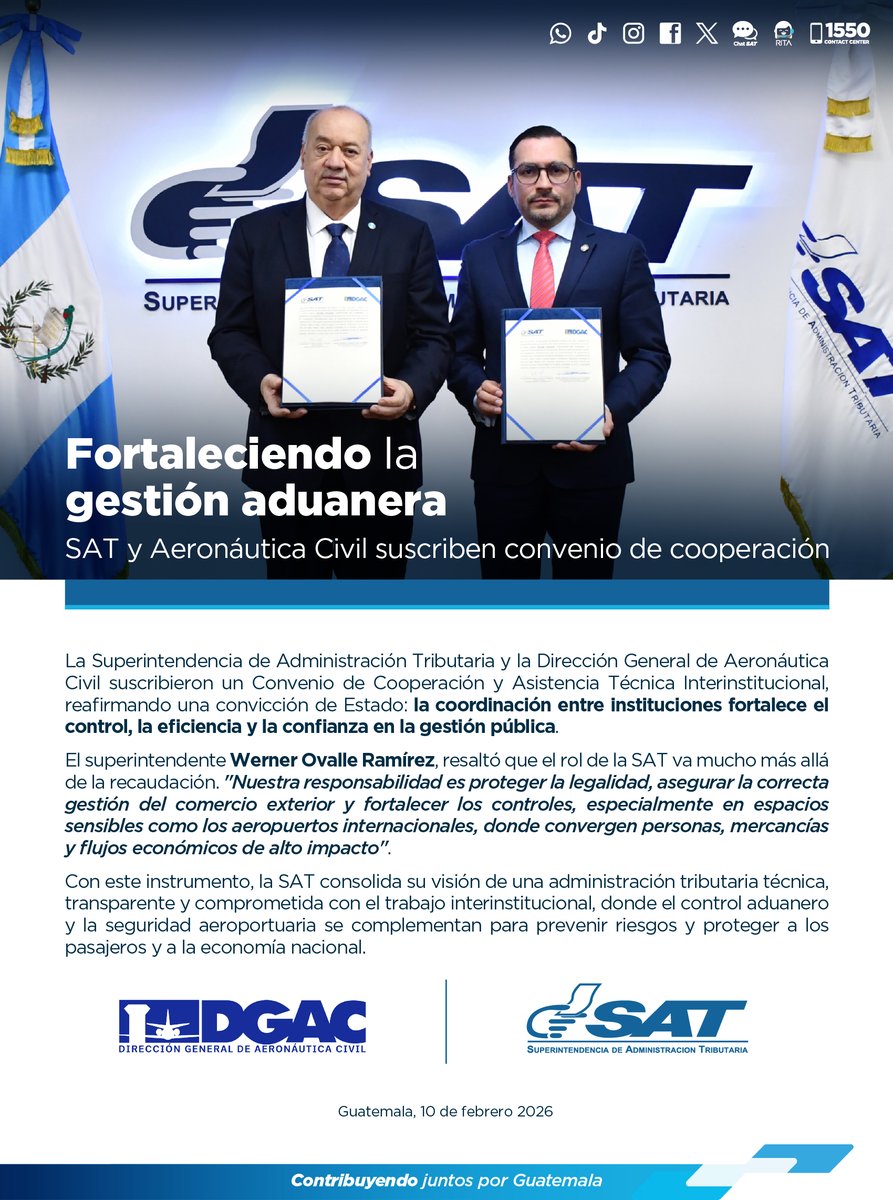 SATGT's tweet photo. 🤝 La #SAT y la @DGAC_CIV continúan fortaleciendo la gestión 🛃aduanera y 🛫 aeroportuaria. 

📢 "Nuestra responsabilidad es proteger la legalidad, asegurar la correcta gestión del comercio exterior y fortalecer  los controles, especialmente en espacios sensibles como los aeropuertos internacionales, donde convergen personas, mercancías y flujos económicos de alto impacto", @wovalle07.
