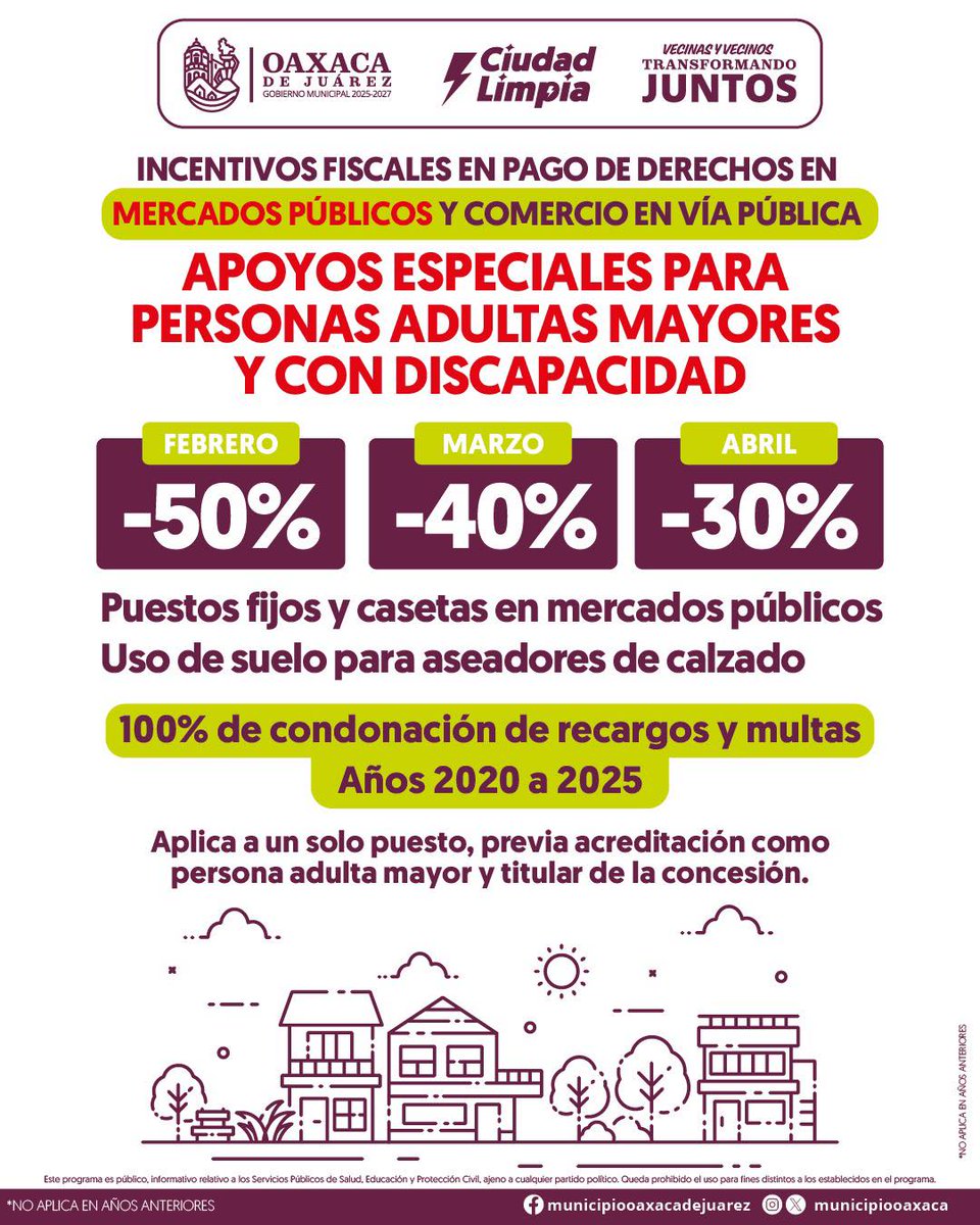 MunicipioOaxaca's tweet image. El Gobierno Municipal de Oaxaca de Juárez impulsa incentivos fiscales para personas adultas mayores y personas con discapacidad en mercados públicos y comercio en vía pública.

📉 Descuentos por mes:
🔹 Febrero: 50%
🔹 Marzo: 40%
🔹 Abril: 30%