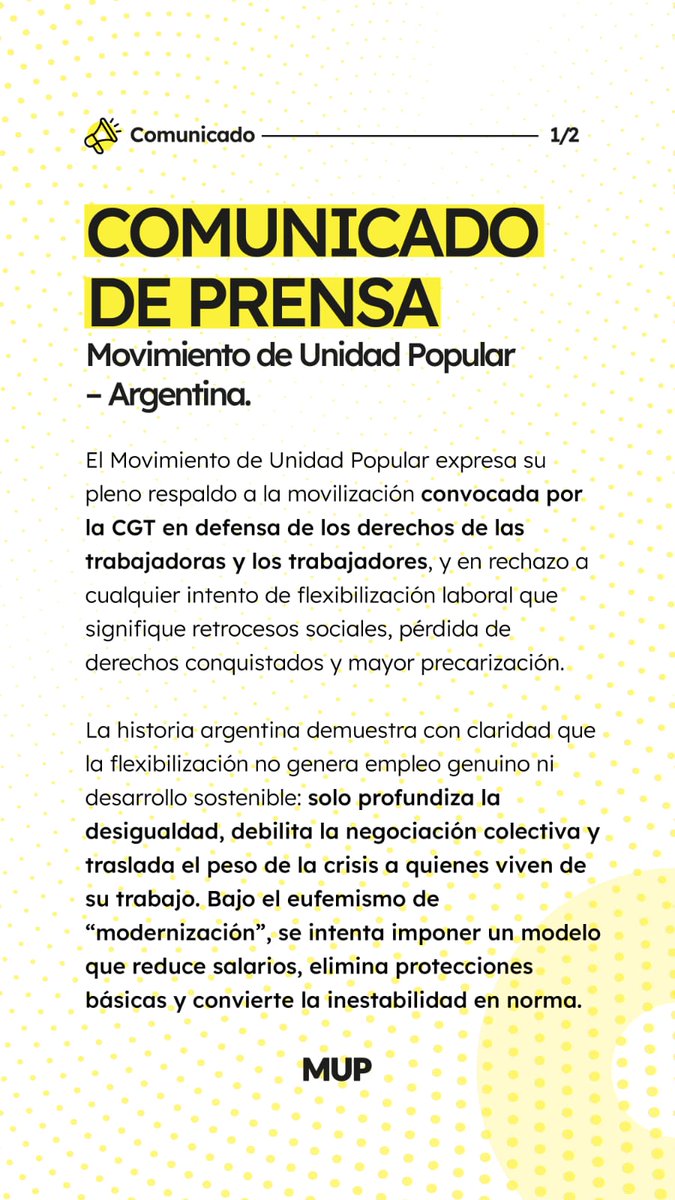 MUPArgentina's tweet photo. El Movimiento de Unidad Popular expresa su pleno respaldo a la movilización convocada por la CGT en defensa de los derechos los trabajadores, y en rechazo a cualquier intento de flexibilización laboral que signifique pérdida de derechos conquistados y mayor precarización. https://t.co/NPGKFKkps6