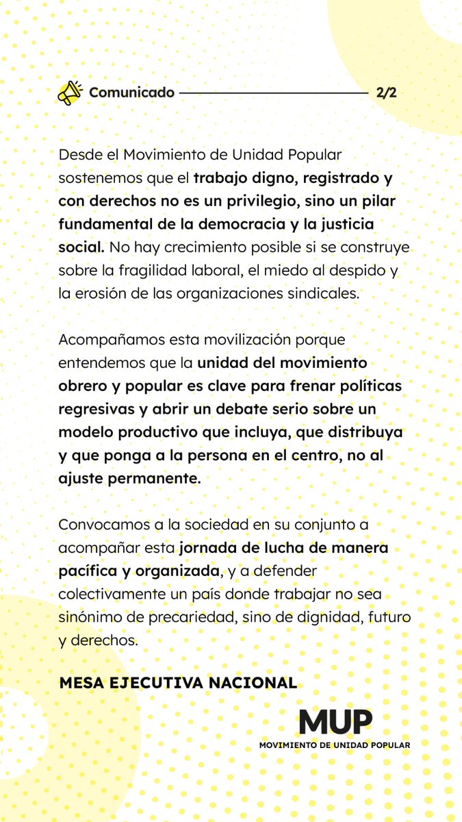 MUPArgentina's tweet photo. El Movimiento de Unidad Popular expresa su pleno respaldo a la movilización convocada por la CGT en defensa de los derechos los trabajadores, y en rechazo a cualquier intento de flexibilización laboral que signifique pérdida de derechos conquistados y mayor precarización. https://t.co/NPGKFKkps6