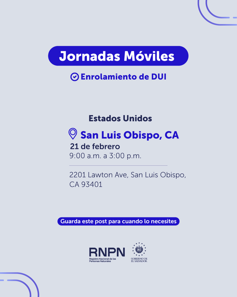 Sé parte de la jornada móvil para trámite de DUI que realizará el <a href="/rnpn_sv/">RNPN El Salvador</a> en San Luis Obispo, California. 😎

Te esperamos:
🗓 Sábado 21 de febrero
⏰️ De 9:00 a.m. a 3:00 p.m.

Más información: 👇
