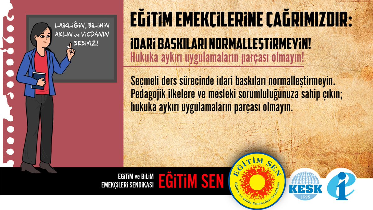 🔴Seçmeli dersleri seçmek idarenin değil, öğrencilerin hakkıdır! 

Eğitim Emekçilerine Çağrımızdır: Seçmeli ders sürecinde idari baskıları normalleştirmeyin. Pedagojik ilkelere ve mesleki sorumluluğunuza sahip çıkın; hukuka aykırı uygulamaların parçası olmayın.
#SeçmeliDersler