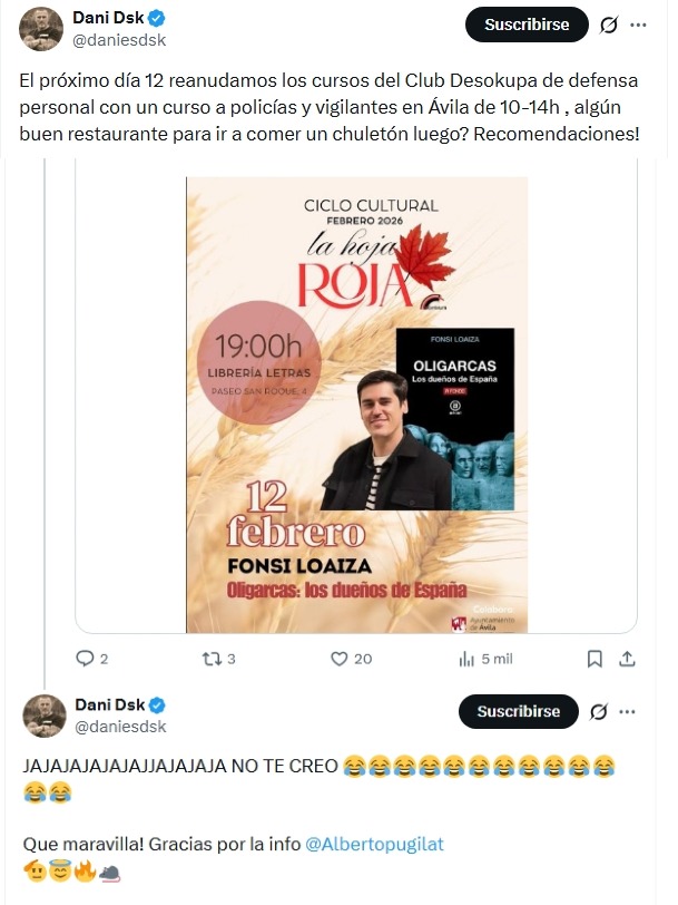 Vivimos en un país en el que el mismo ultraderechista, que forma y da cursos a los agentes de la Policía Nacional en Ávila por la mañana, amenaza con acudir por la tarde a reventar un acto de una asociación cultural en una librería en la que presento mi libro.