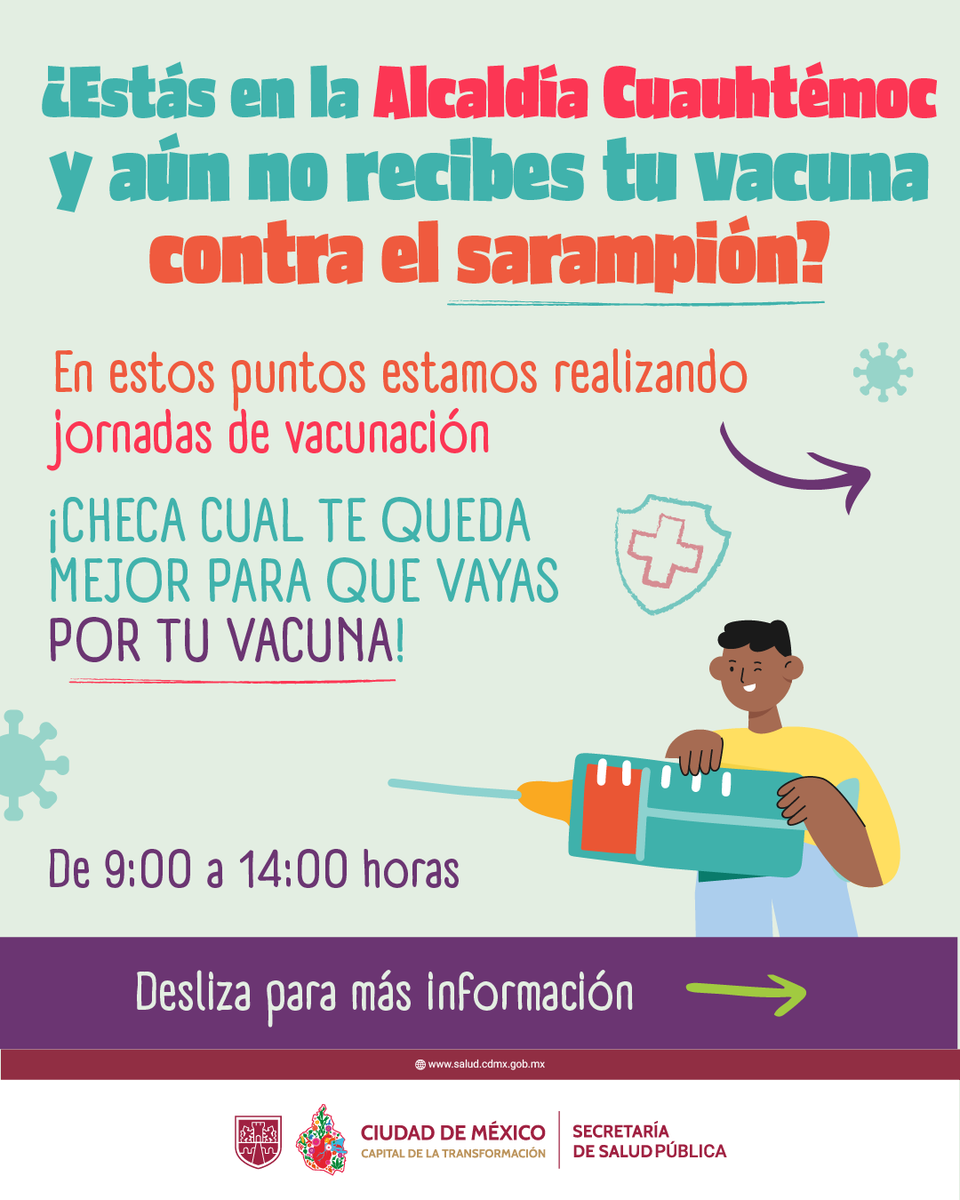 SSaludCdMx's tweet photo. 🚨 En toda la Ciudad de México estamos vacunando contra el sarampión. Conoce algunos de los puntos de la alcaldía #Cuauhtémoc. 

👀 Revisa cuáles son los grupos poblacionales que deben vacunarse contra el sarampión.

📍 Conoce los demás puntos de vacunación de esa alcaldía y del resto de la Ciudad escaneando el QR o visitando la página http://189.240.225.200/index.
👉 ¡Recuerda que se actualiza todos los días!