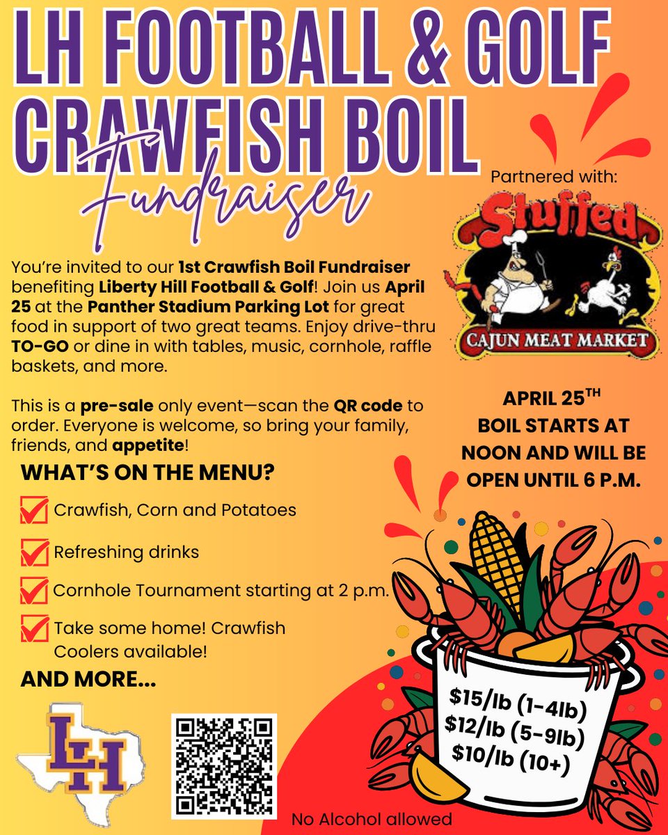 JOIN US AT OUR FIRST CRAWFISH BOIL FUNDRAISER! 🤟

Saturday, April 25th
Opens at Noon
Panther Stadium Parking Lot

We are pairing up with the PANTHER GOLF TEAM for this fundraiser!! Come support Panther Football &amp; Golf and enjoy some amazing crawfish! 🤟🦞💜🏈🏌️‍♂️⛳️