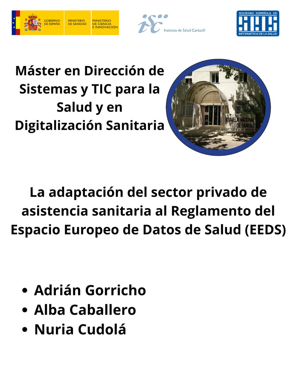SEISeSalud's tweet photo. #SEIS #MasterTIC #MDSTICS
Máster en Dirección de Sistemas y TIC para la Salud y en Digitalización Sanitaria. Trabajo de Fin de Máster 11ª Edición:
La adaptación del sector privado de asistencia sanitaria al Reglamento del Espacio Europeo de Datos de Salud (EEDS).
Autores. Adrián Gorricho, Alba Caballero y Nuria Cudolá
La transformación digital del sistema sanitario es uno de los principales retos de la Unión Europea. En este marco, el Reglamento del Espacio Europeo de Datos de Salud (EEDS) (UE 2025/327) supone un hito para garantizar la interoperabilidad, la seguridad y el acceso equitativo a los datos clínicos, facilitando tanto la continuidad asistencial transfronteriza como la investigación y la innovación mediante el uso primario y secundario de la información sanitaria.
El trabajo analiza la adaptación de la sanidad privada en España al EEDS, centrando el estudio en el uso primario de los datos. El análisis pone de manifiesto la elevada heterogeneidad del sector, con grandes grupos altamente digitalizados y pequeños proveedores con capacidades tecnológicas limitadas, lo que genera una brecha en la capacidad de cumplimiento del nuevo marco regulatorio.
Como solución, se propone el uso de plataformas intermedias de interoperabilidad basadas en un modelo SaaS, que permitan a los prestadores sanitarios privados cumplir los requisitos del EEDS, reducir costes de integración y garantizar la participación de todos los actores en el Espacio Europeo de Datos de Salud.
El trabajo completo disponible en:https://t.co/f7ku44LlmI